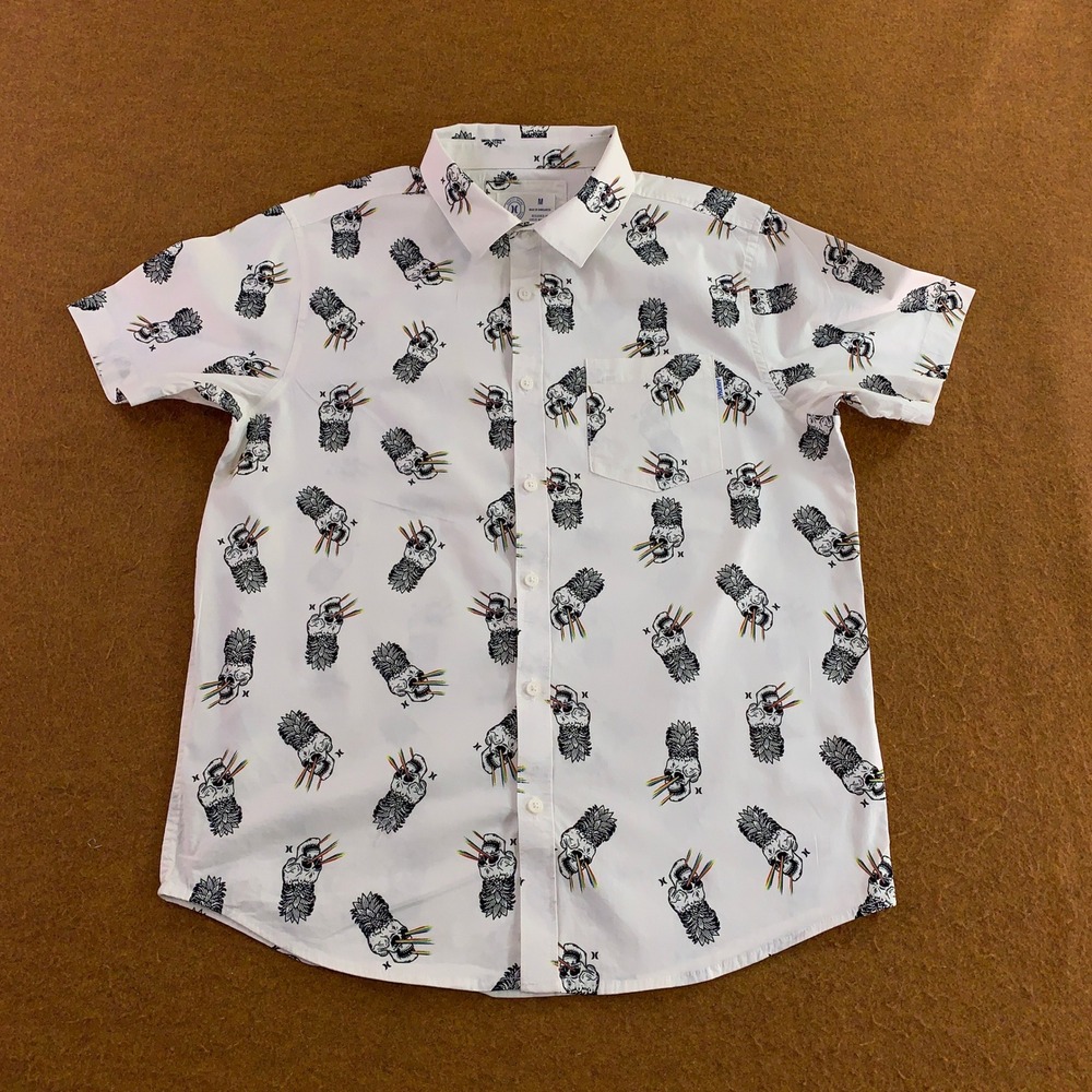 Hurley Mens Medium White Pineapple Skull Rainbow Laser Button Down Shirt